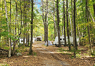 Trailers parking amongst the forest at Depot Lakes Campground